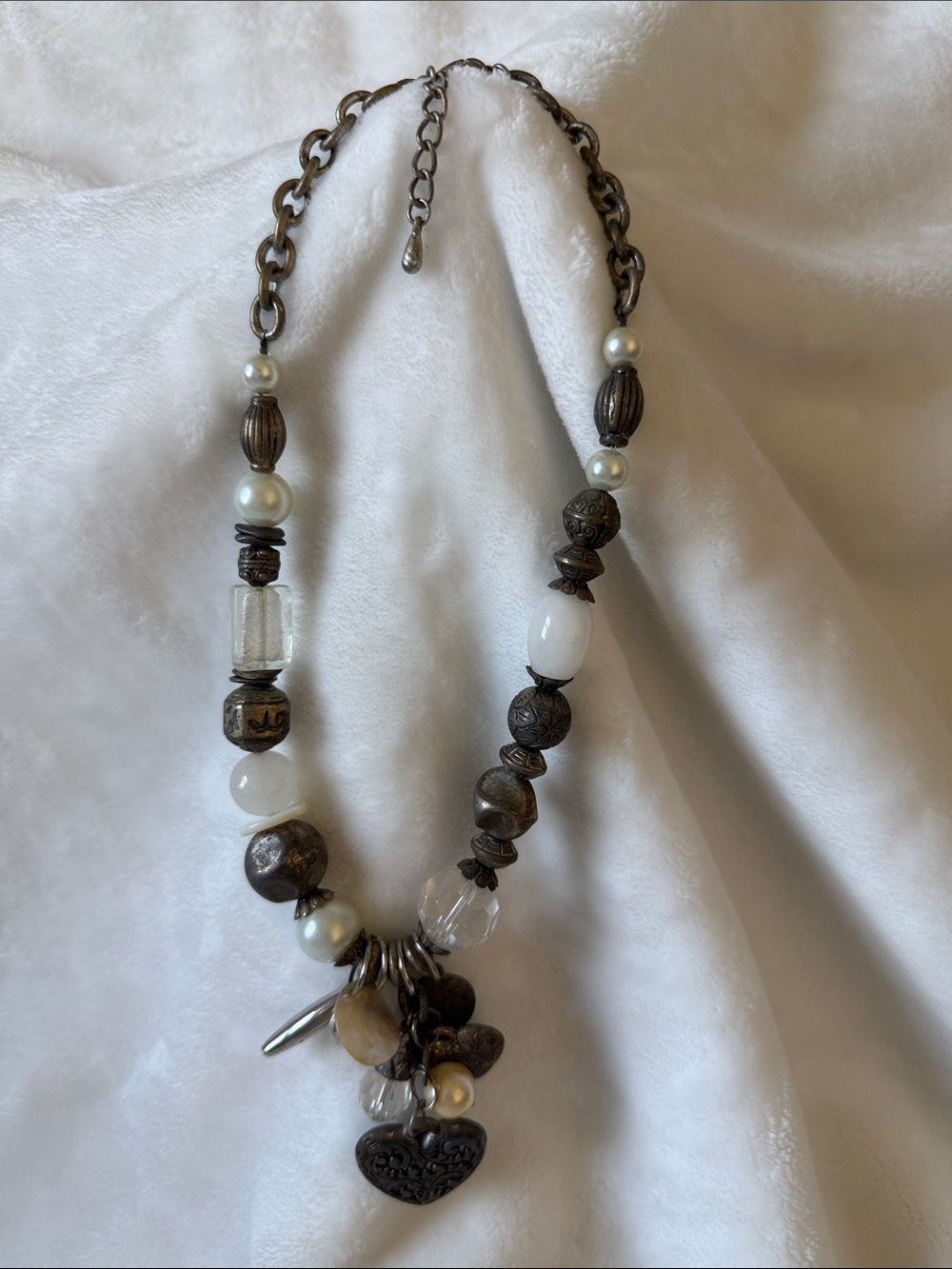 Artisan Mixed-Bead White and Brown Pendant Necklace - Unbranded
